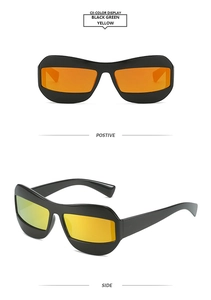 Vue détaillée de lunettes de soleil carrées futuristes avec verres à revêtement coloré