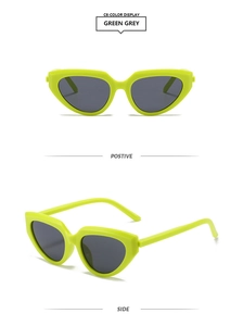 Detailed front and side view of Y2K neon green cat-eye sunglasses with dark grey lenses