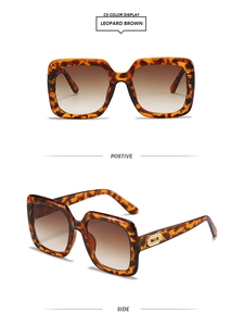 Detailed views of leopard brown square oversized sunglasses with gold temple accents