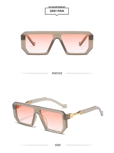 Detail view showing grey translucent square frame and pink gradient lenses sunglasses