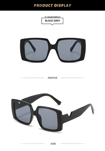 Detailed front and side views of black square sunglasses with V-shaped hollow temples