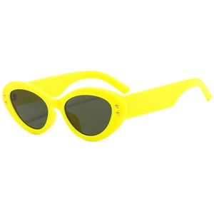 Chic oval cat eye sunglasses in bright yellow with dark grey lenses and star details