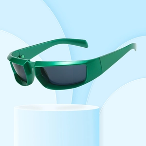 Futuristic neon green wrap-around sports sunglasses with grey lenses in square frame