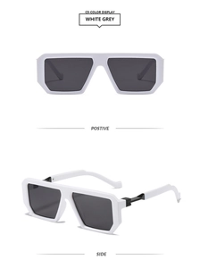 Front and side views of chunky white square frame sunglasses with dark grey lenses