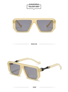 Front and side views of square oversized sunglasses with yellow frames and grey lenses