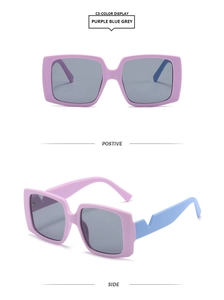 Detail of square purple frames with blue temples and V-shaped hollow accents