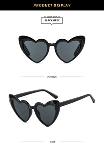 Détails de lunettes de soleil en forme de cœur noir et gris, vues de face et de profil