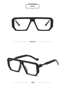 Detailed front and side views of chunky black geometric square frame sunglasses
