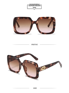 Detail of square leopard frame sunglasses with pink gradient lenses and gold accents