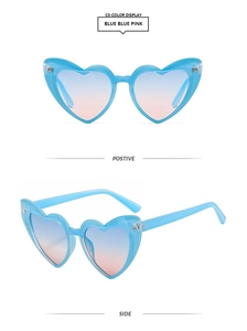 Détails de lunettes de soleil en forme de cœur avec verres dégradés bleu-rose et métal