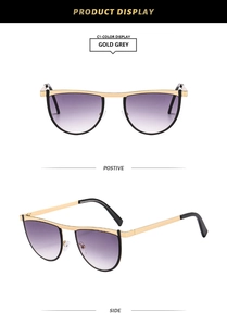 Front and side view of gold cat eye sunglasses with grey gradient lenses detail
