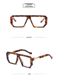 Detail view of leopard print geometric glasses with thick top bar and gold metal temples