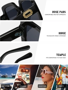Detail view of square sunglasses with reinforced hinges, nose pads, and lifestyle scenes