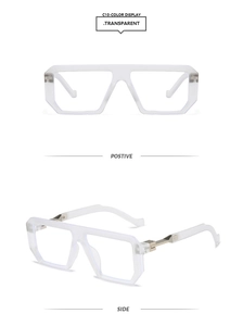 Front and side views of large square transparent fashion frames with metal hinges