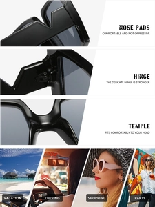 Detail of square frame sunglasses with strong hinges, nose pads, and wide temples