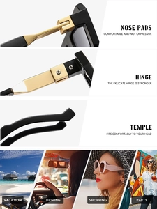 Detailed close-up of premium gold hinges and comfortable nose pads on oversized square sunglasses