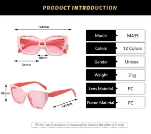 Tableau des tailles pour lunettes de soleil œil de chat roses avec mesures monture