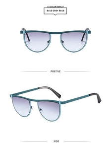 Blue geometric metal sunglasses featuring gradient purple lenses in front and side views
