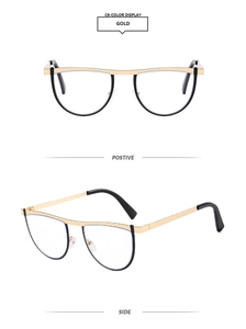 Detailed close-up of geometric gold and black half-rim sunglasses with metal bridge