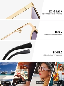 Detailed view of metal nose pads, reinforced hinges and stylish lifestyle use cases