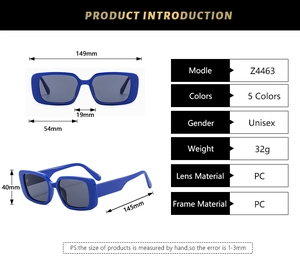 Detailed size chart for retro square blue sunglasses with 149mm total frame width