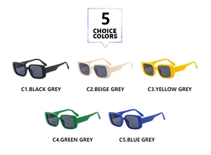 Detailed comparison of five vintage square frame sunglasses in black beige yellow green blue