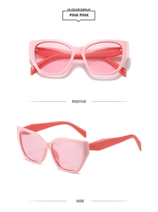 Gros plan de lunettes de soleil œil-de-chat roses, vues de face et de profil précises