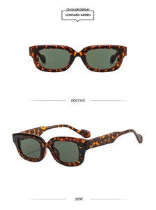 Vue détaillée des lunettes de soleil carrées léopard avec verres vert foncé et monture écaille