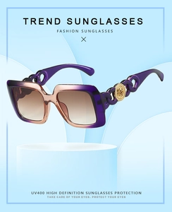 Détail de lunettes de soleil carrées dégradées avec branches chaînes et protection UV400