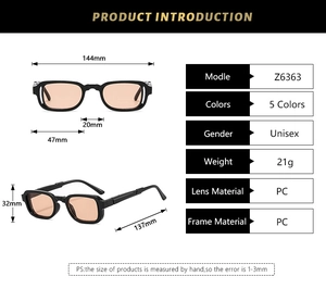 Detailed size chart for rectangular sunglasses with orange lenses and black PC frame