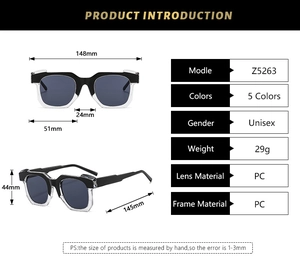 Detailed size chart and dimensions for geometric square hip-hop street style sunglasses