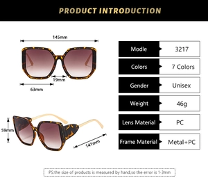 Detailed size specifications of oversized square tortoiseshell sunglasses with brown lenses