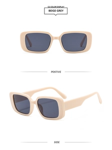 Front and side views of rectangular thick frame sunglasses in beige grey with dark lenses