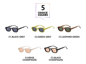 Flat lay of five vintage square sunglasses in black, green, leopard, beige, and blue
