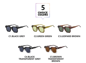 Macro display showing five color options of irregular chunky square sunglasses in a grid view