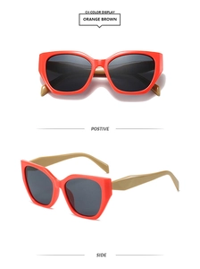 Vue détaillée de lunettes de soleil mode avec monture oeil-de-chat orange et branches brunes