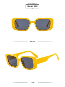 Detail view of retro yellow square frame sunglasses with dark grey lenses in two angles