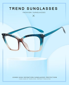 Detailed view of TR90 cat eye glasses with blue-green gradient frame and UV400 lenses