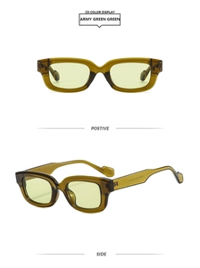 Détails de lunettes de soleil rectangulaires vert armée avec verres jaunes de face et de côté