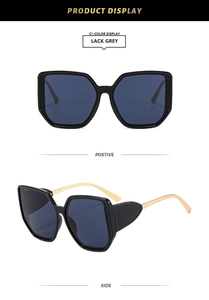 Front and side view of square oversized sunglasses with black frames and gold temples