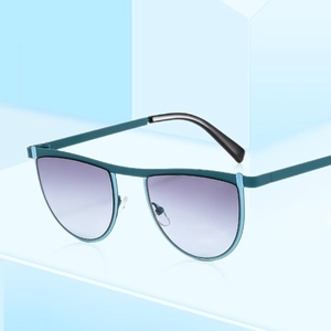 Modern geometric teal sunglasses with purple gradient lenses and 3D geometric background
