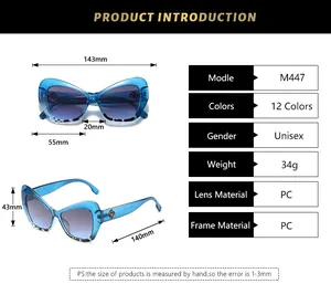 Detailed size chart of butterfly sunglasses M447 with precise lens and frame dimensions