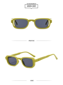 Front and side views of green rectangular sunglasses with dark grey lenses in detail