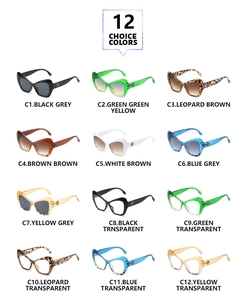 Detailed catalog of 12 colors of cat-eye sunglasses with luxury cross-shaped metal accents