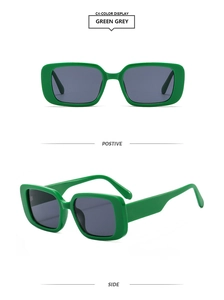 Detail view showing front and side profiles of green rectangular frame sunglasses with grey lenses