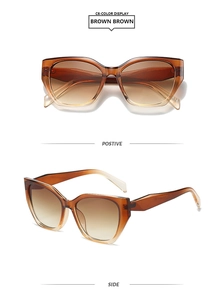 Détail de lunettes de soleil œil-de-chat marron dégradé avec monture en acétate
