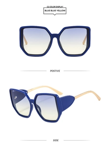 Detail view of square blue sunglasses with gradient lenses and side shields