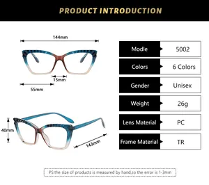 Detailed size chart and technical specifications for TR90 cat-eye blue light glasses