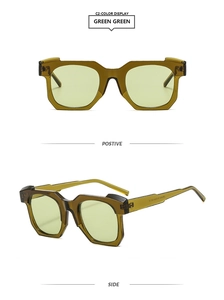 Front and side views of stylish irregular square sunglasses in translucent olive green