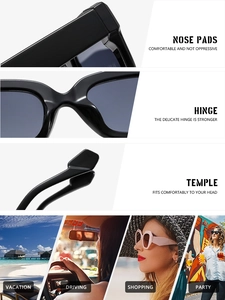 Vues détaillées de lunettes de soleil carrées avec charnières en métal et plaquettes de nez